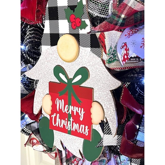 Handmade Merry Christmas Gnome Holiday Ribbon Door Wreath 22 ins W48 - Picture 5 of 11